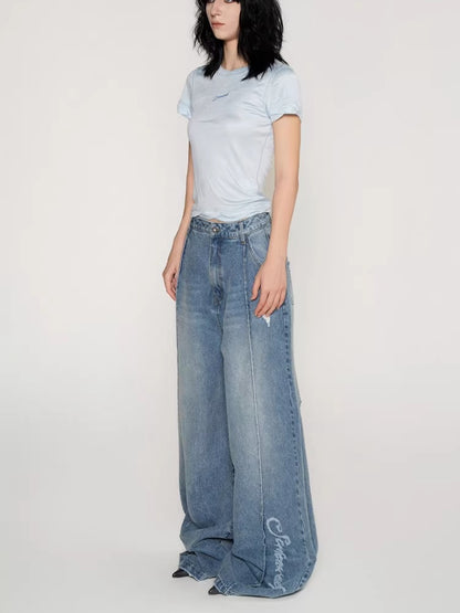 Laser Logo Seam Wide-Leg Denim Pants