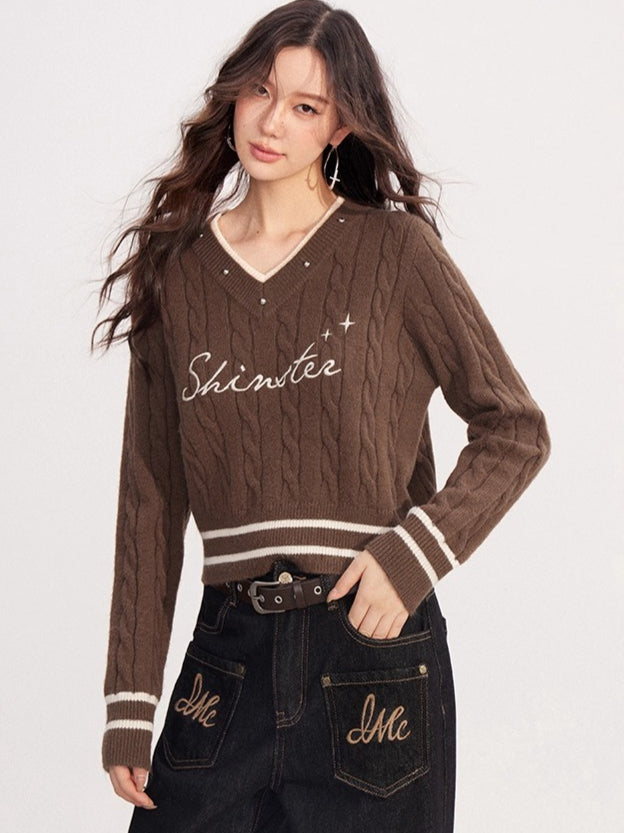 Layered-Effect Embroidered Knit V-Neck Sweater