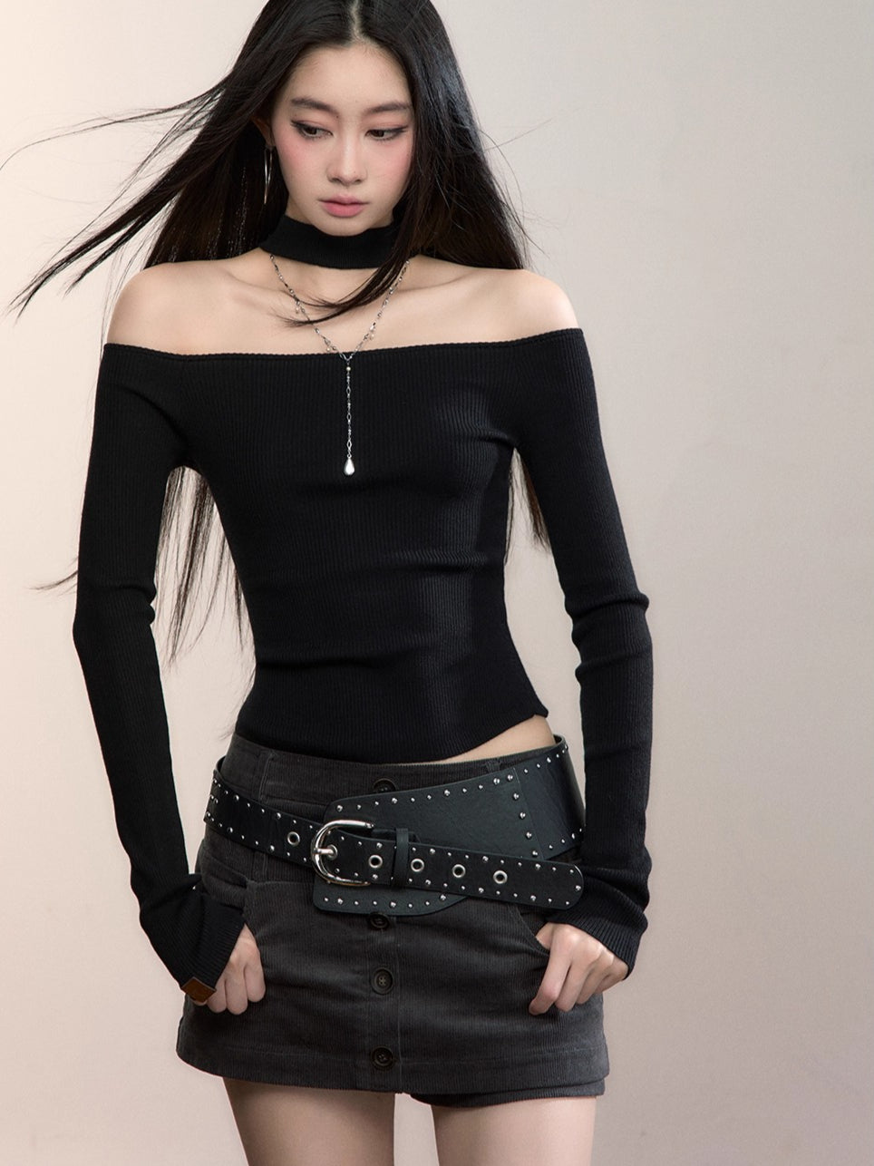 Reversible Cold-Shoulder Knit Turtleneck