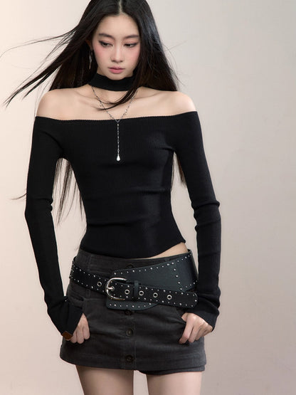 Reversible Cold-Shoulder Knit Turtleneck