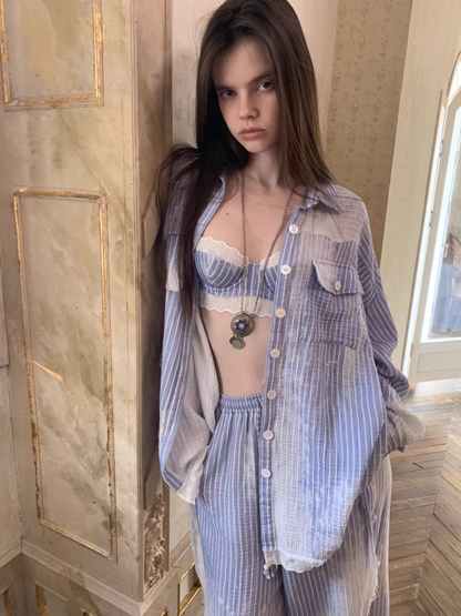 Washed Blue Stripe Shirt / Straight Pants / Corset Set