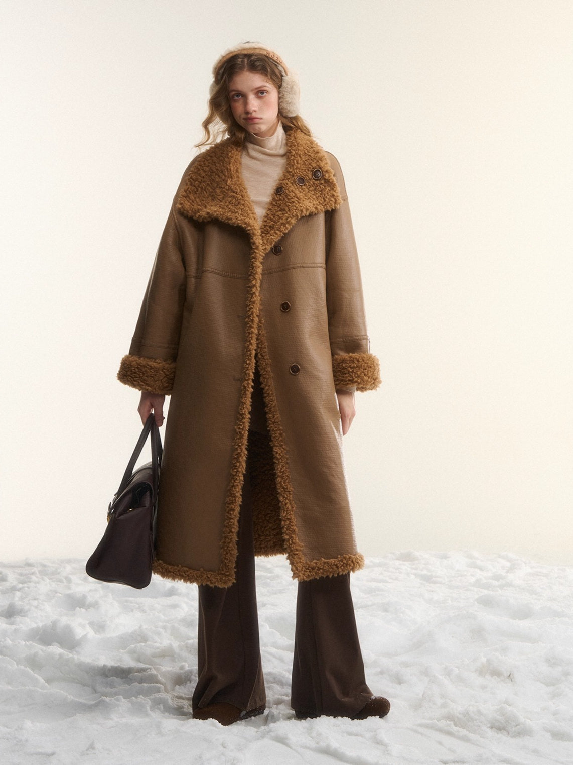 Shearling-Style Panelled Mid-Length Coat