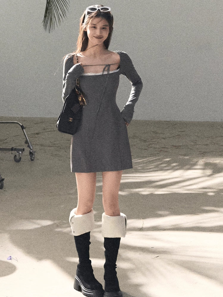 Slim-Fit Black Waist-Cinched Long-Sleeve Dress