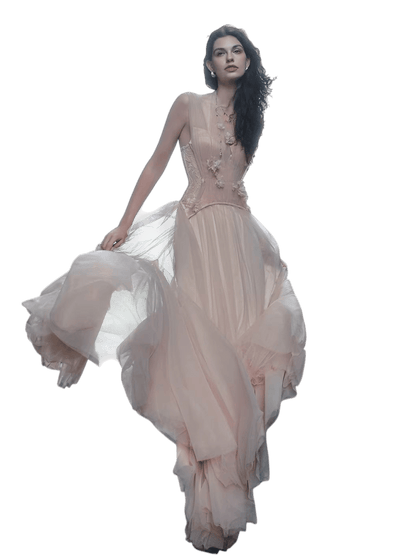 Heavy Lace Halter Corset Mesh Maxi Dress