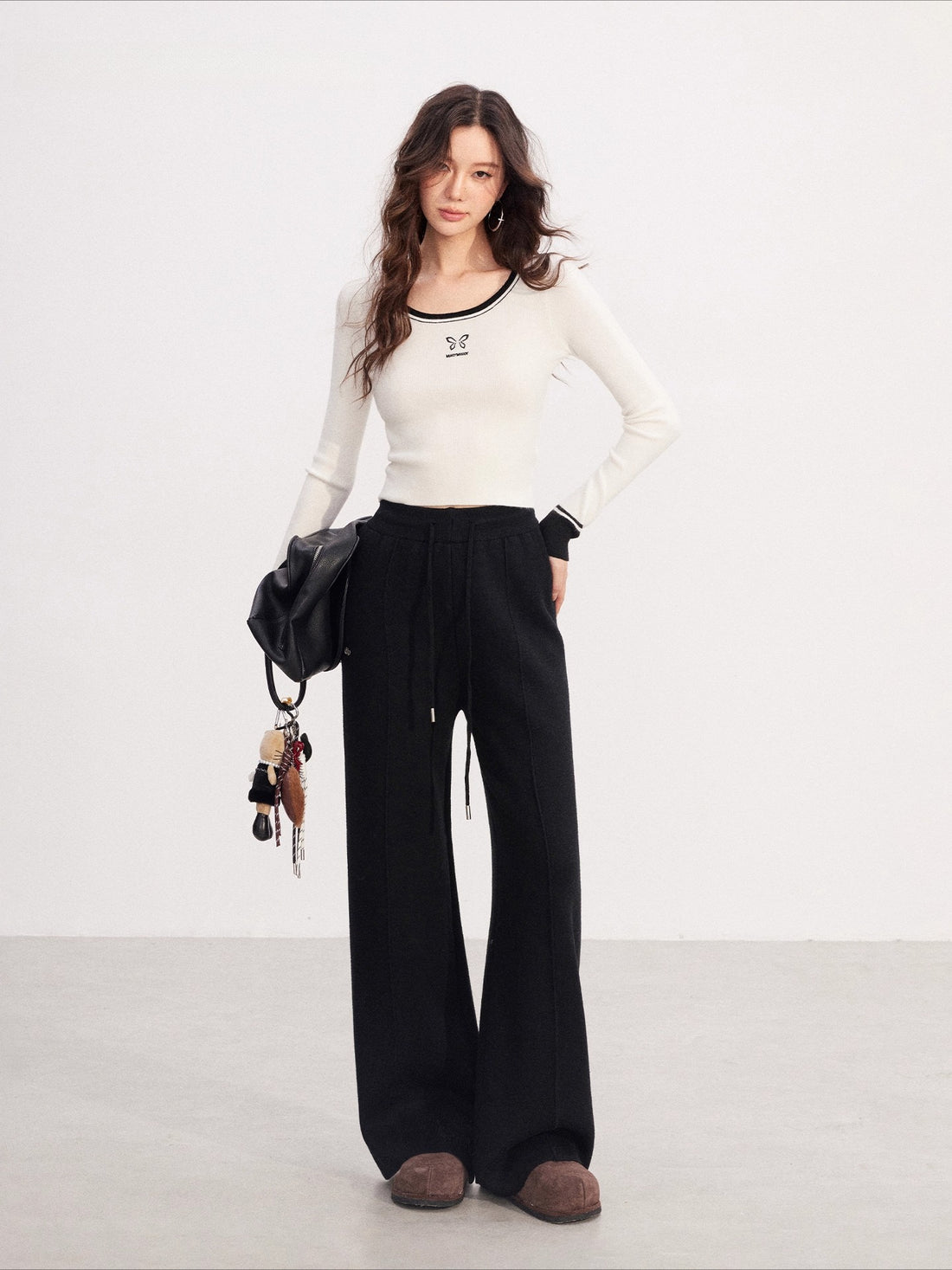 Fleece-Lined Soft-Knit Wide-Leg Pants