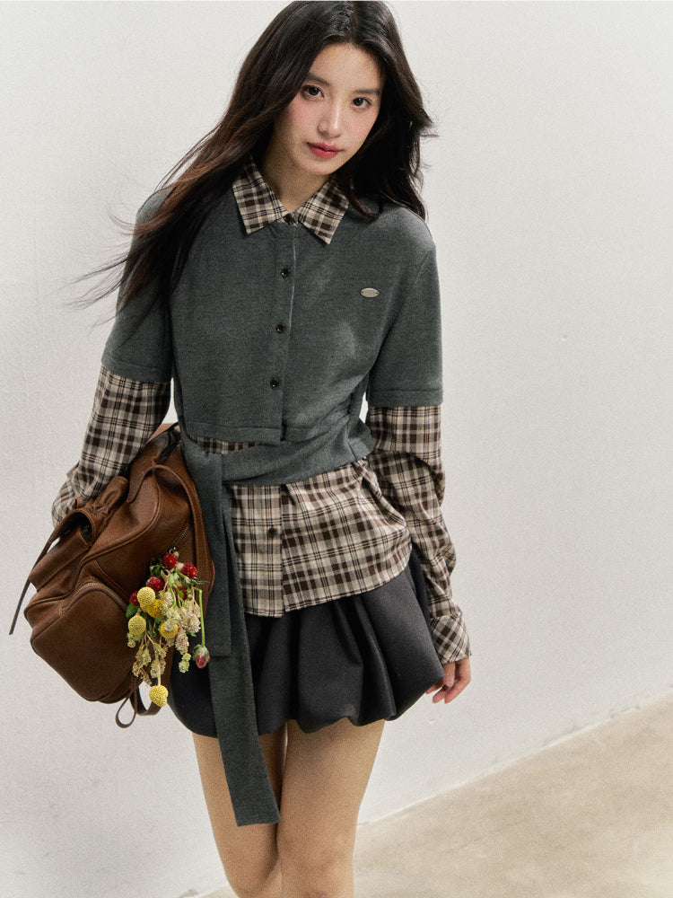 College Plaid Fake Two-piece Shirt - CHINASQUAD