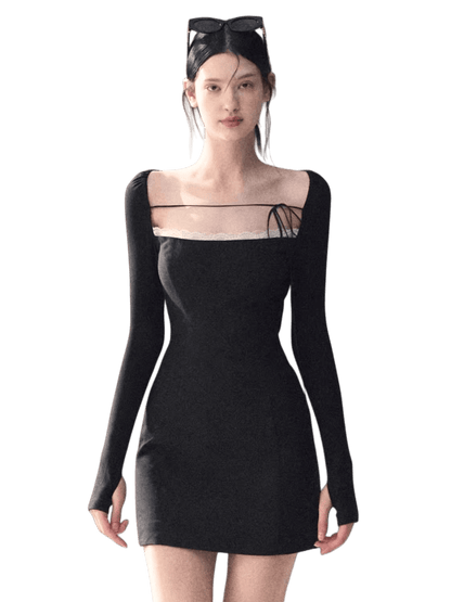 Slim-Fit Black Waist-Cinched Long-Sleeve Dress