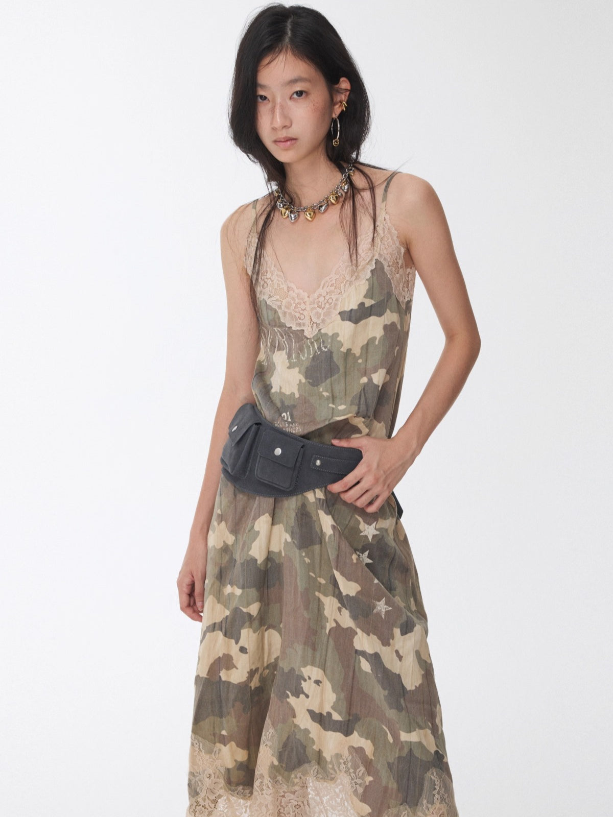 Camouflage Lace-Trim Printed Slip Dress