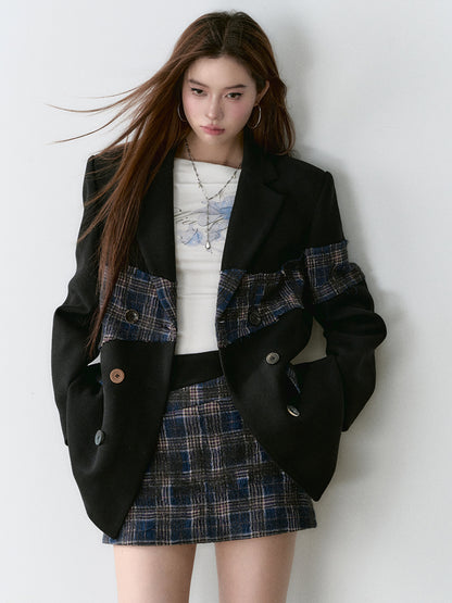 Wool Plaid Patchwork Mid-Length Coat