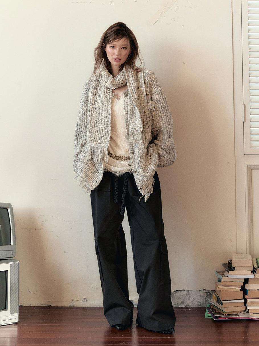 Frayed Edges Wool Mid-Length Knit Cardigan