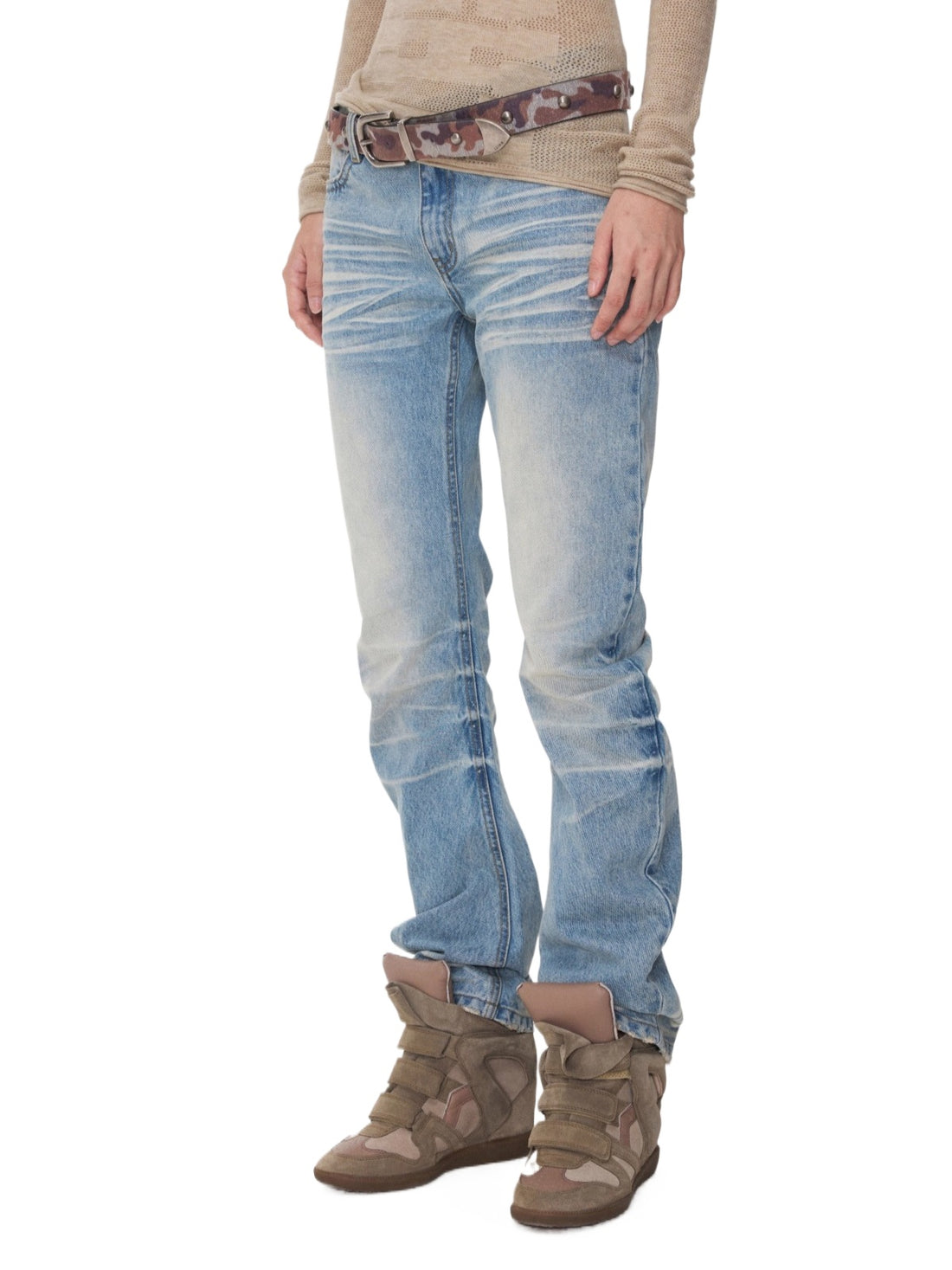 Vintage Pleated Washed Slim Curved Denim Pants