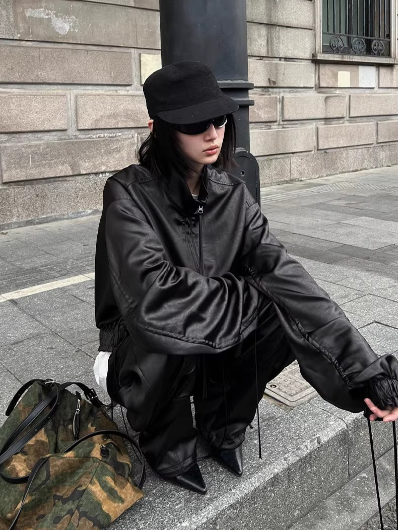 Leather-Texture Athletic Zip Jacket