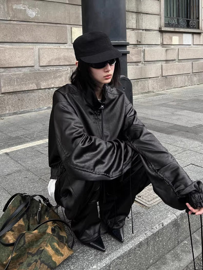 Leather-Texture Athletic Zip Jacket