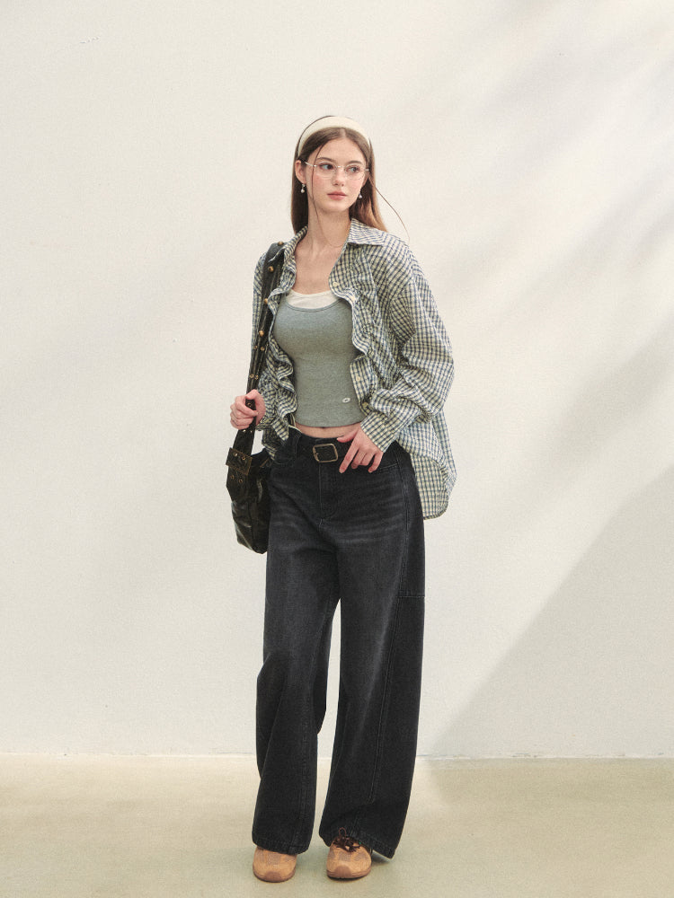 Checkered Contrast Hem Drawstring Pleated Shirt - CHINASQUAD