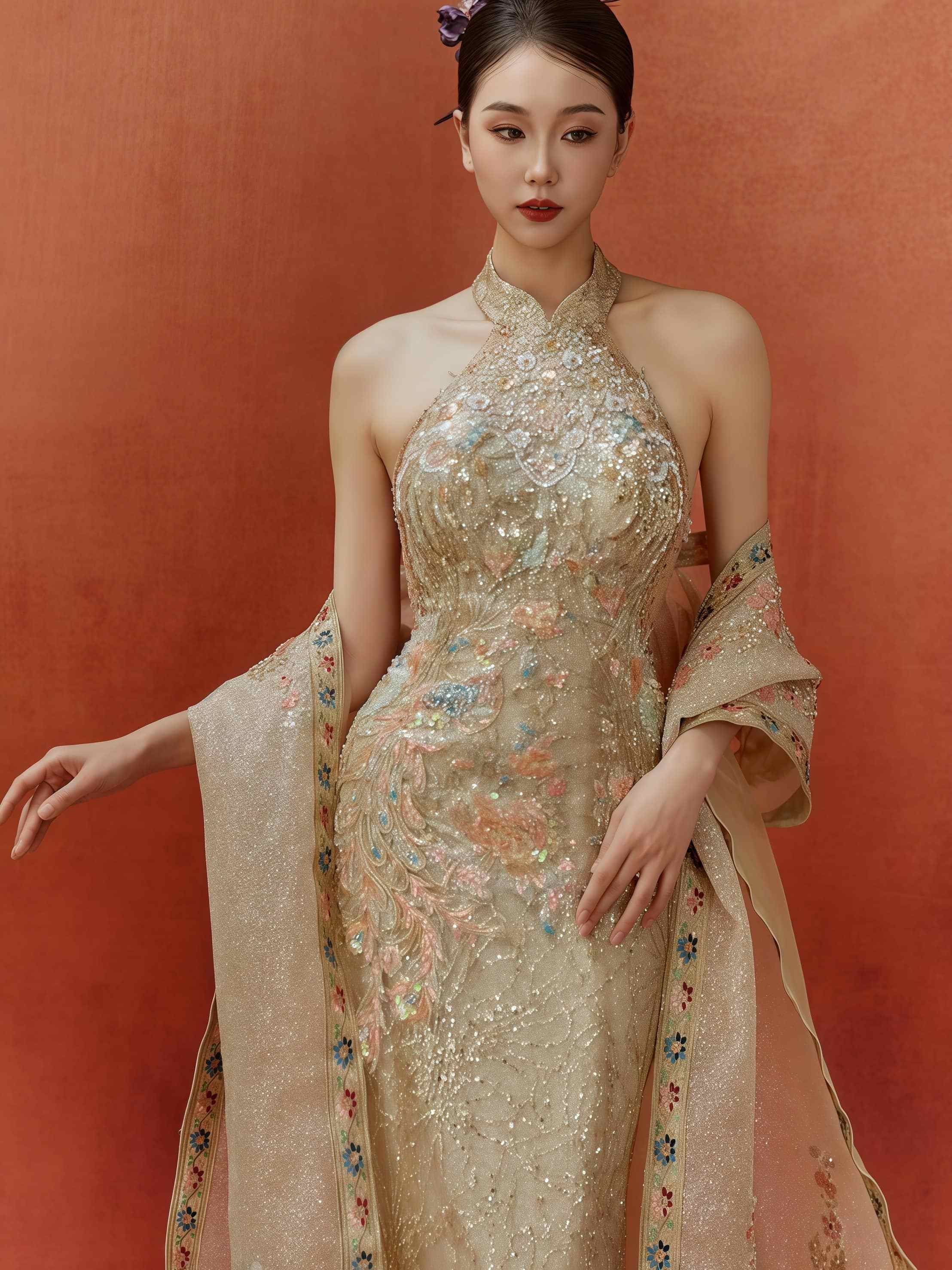 Imperial Gold Embroidered Halter Gown with Regal Shawl and Train