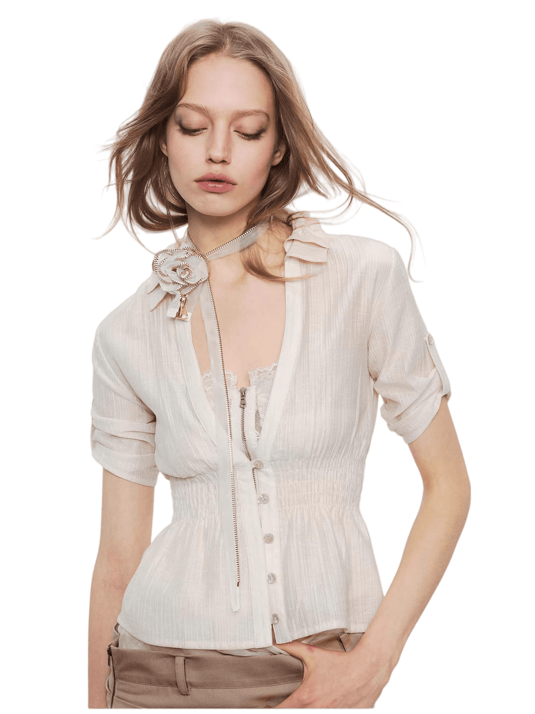 Contrast Lace Panel Two-Piece Shirt