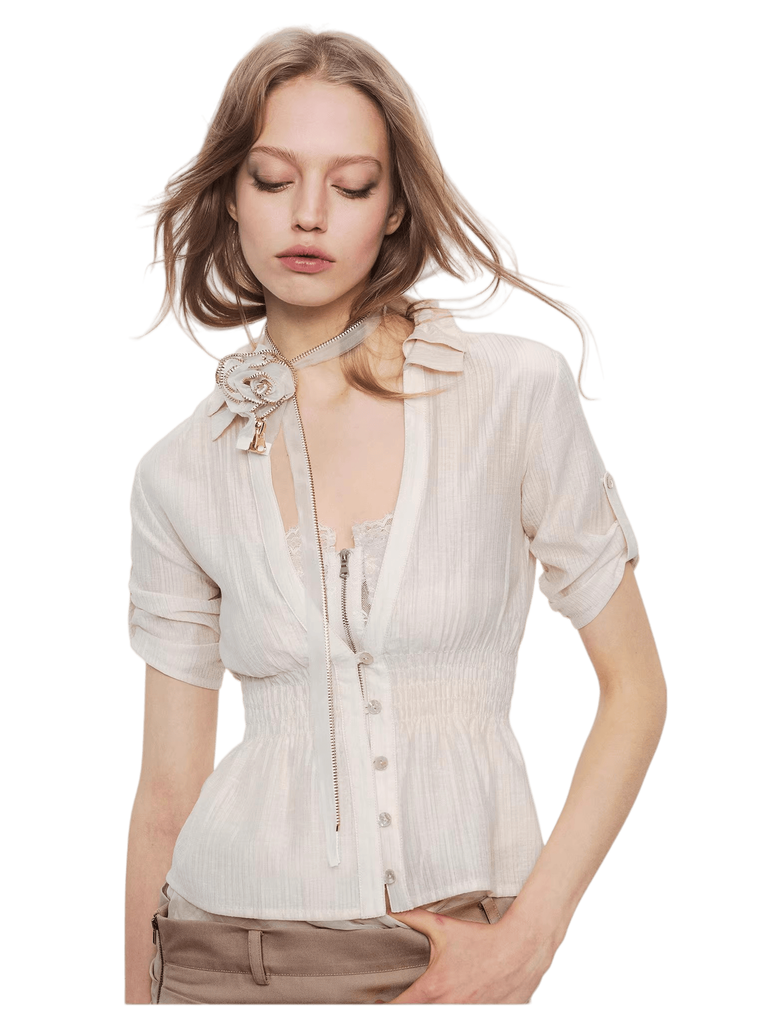 Contrast Lace Panel Two-Piece Shirt