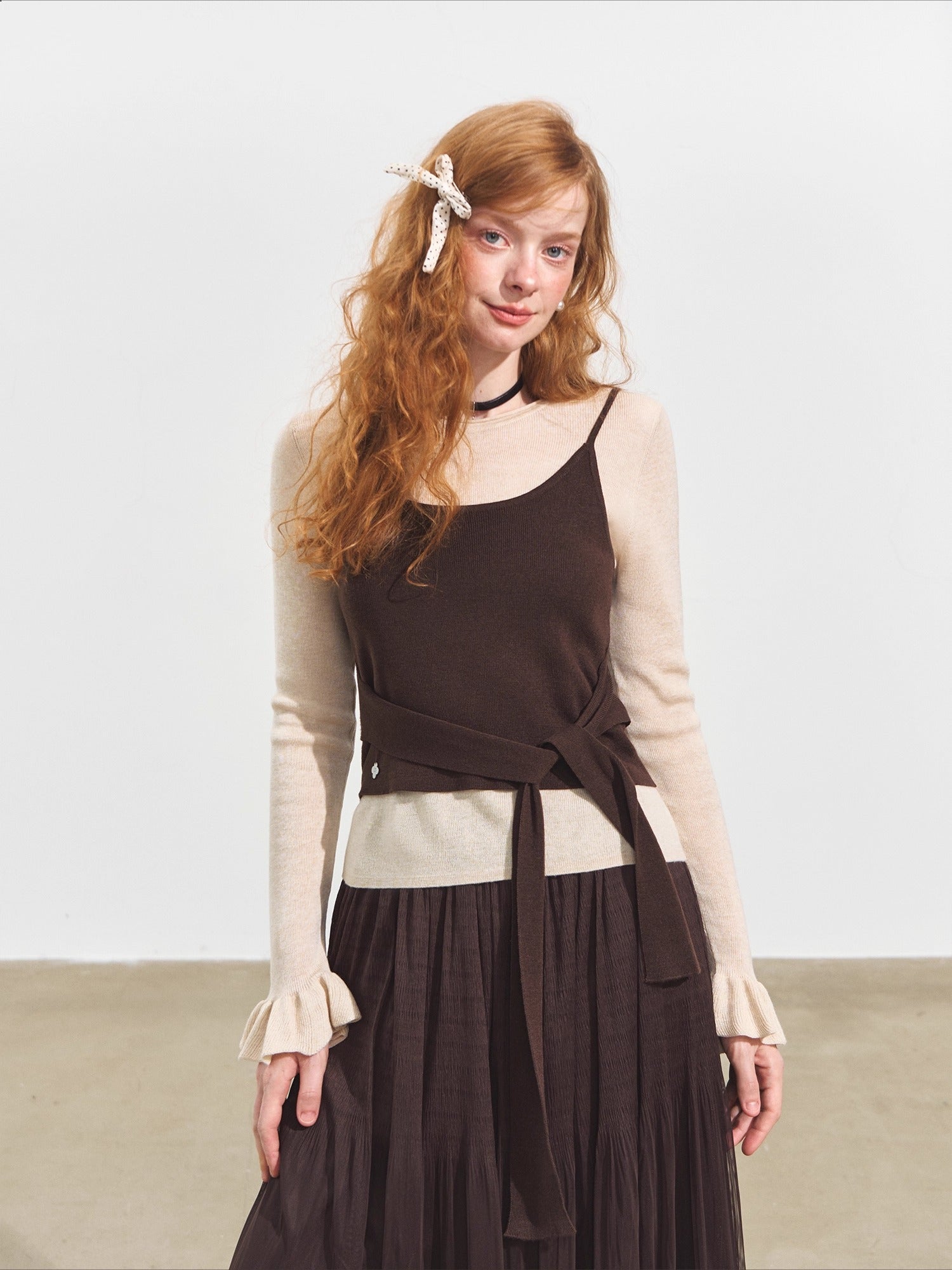 Faux Two-Piece Contrast Tie Sweater