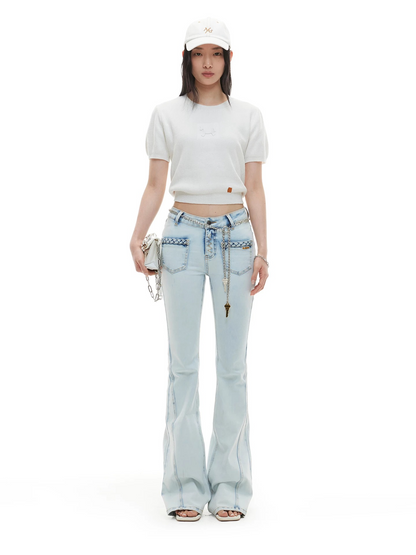 Braided Detail Mid-Rise Slim Flared Denim Jeans