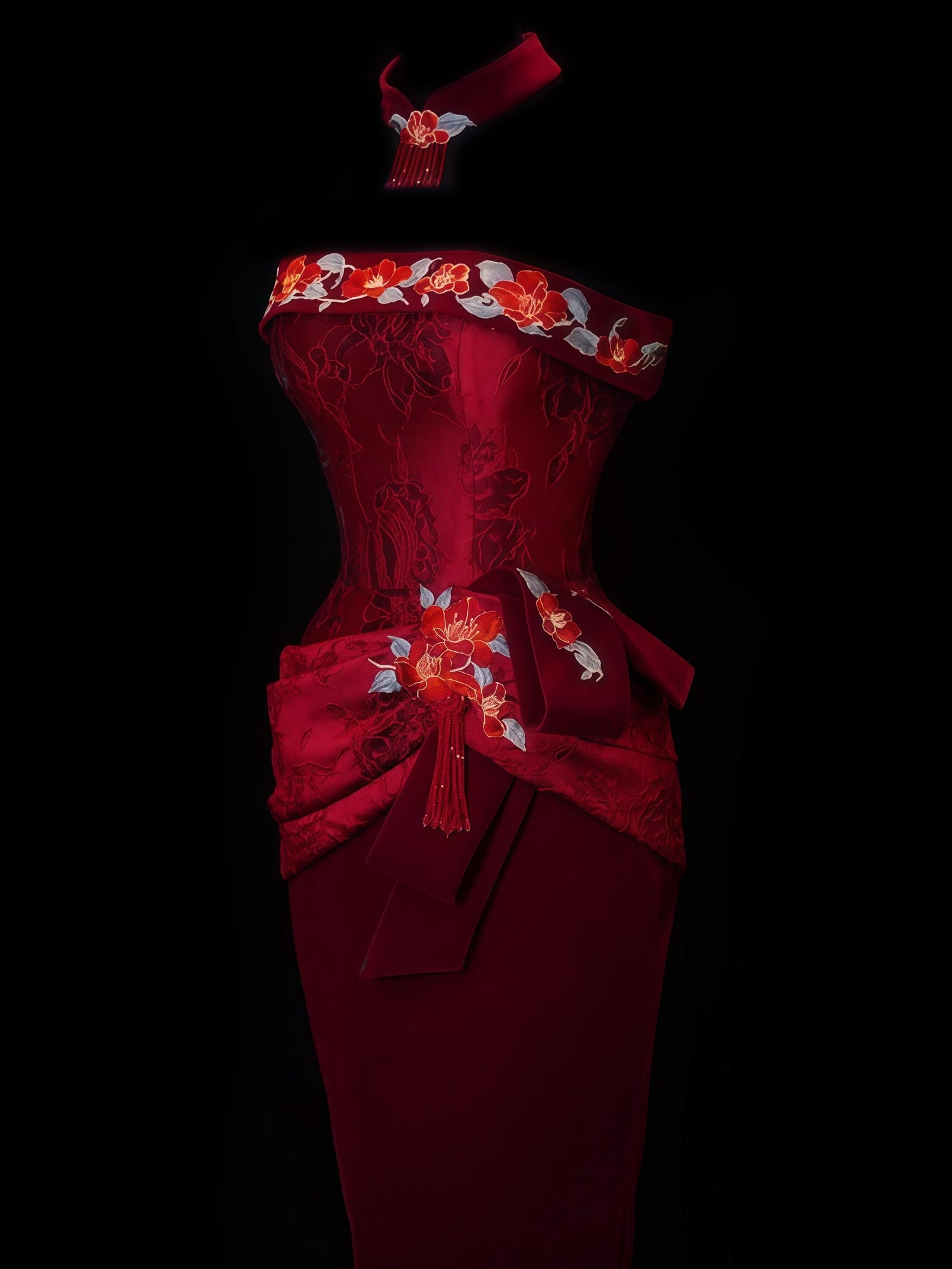 Crimson Blossom Strapless Embroidered Cheongsam Dress
