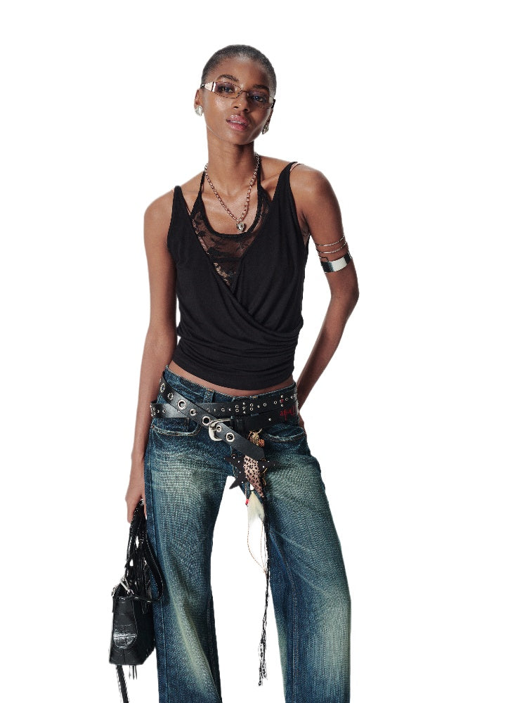Lace-pieced V-Neck Halter T-shirt