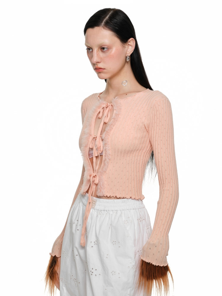 Tie-up and Fur Panel Knitted Cardigan