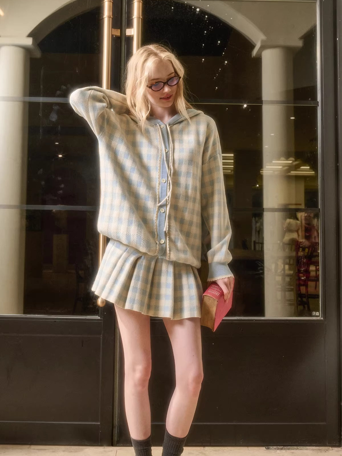 Plaid Contrast Jacket &amp; Pleated Skirt Set