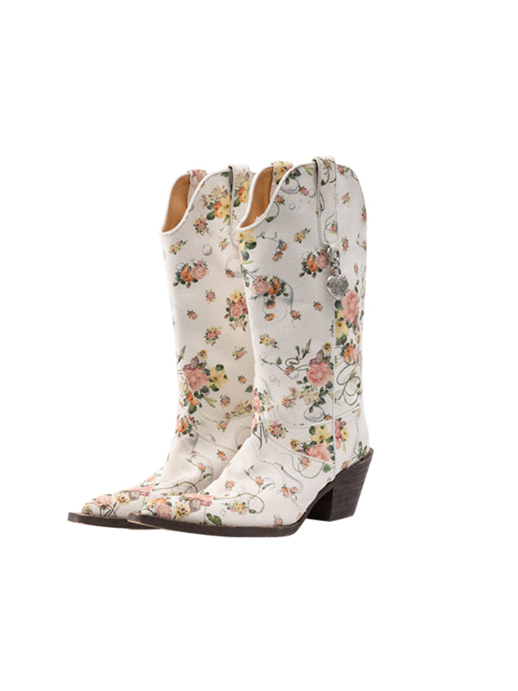 Floral Canvas Mid-Calf Western Riding Boots