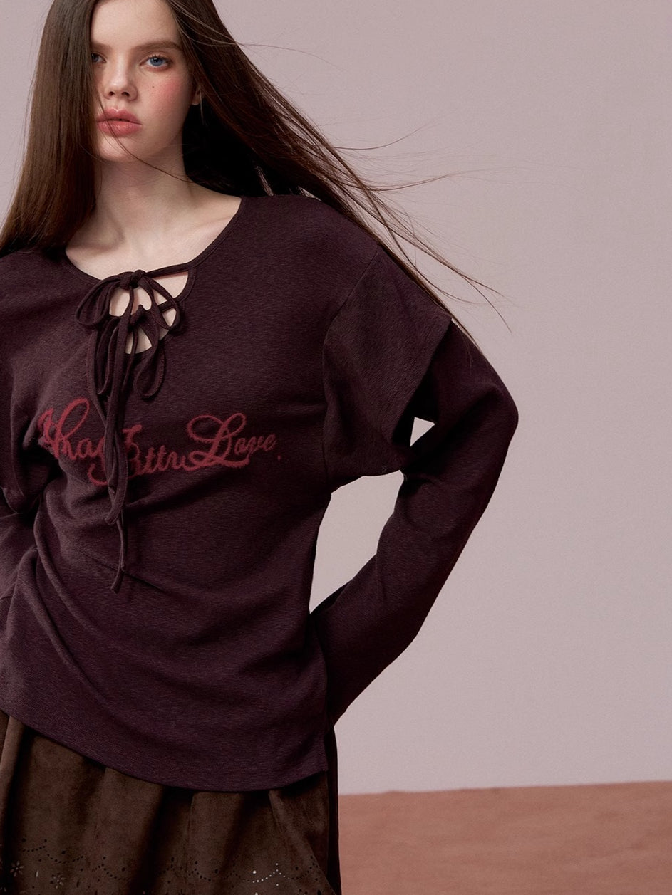 Embroidered Tie-Detail Long-Sleeve T-Shirt