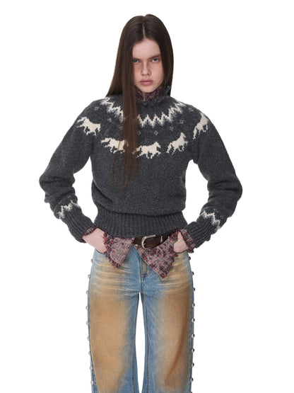 Fair Isle Pony Jacquard Chunky Knit Sweater