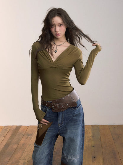 Ruched V-Neck Tencel Slim-Fit Sweater