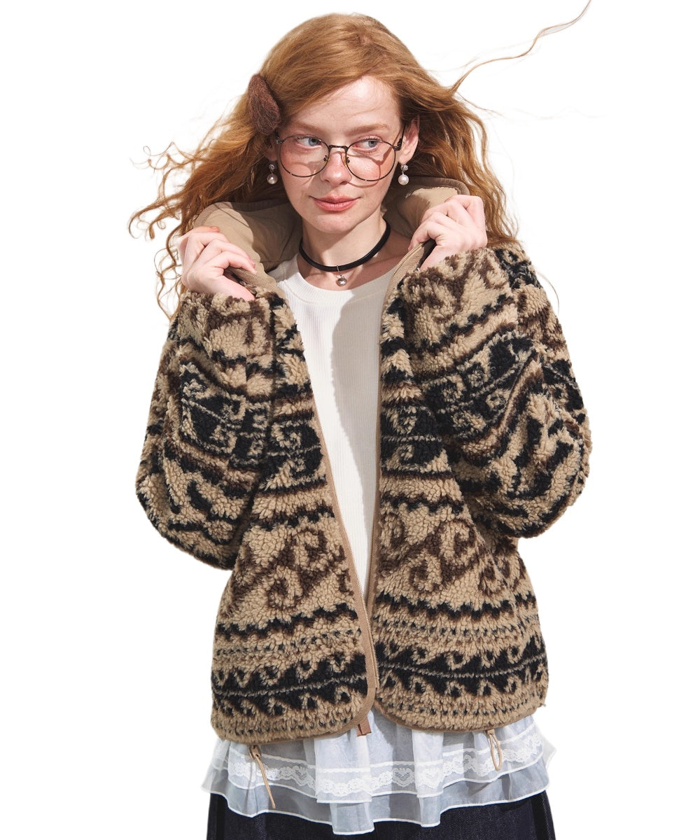 Jacquard Fleece High-Neck Oversized Jacket