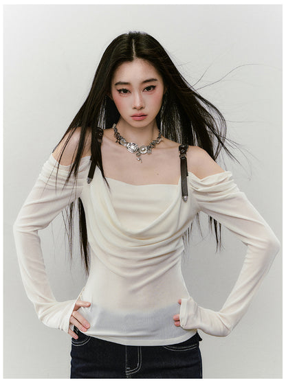 Draped Neck Leather Strap Acetate One-shoulder T-shirt - CHINASQUAD