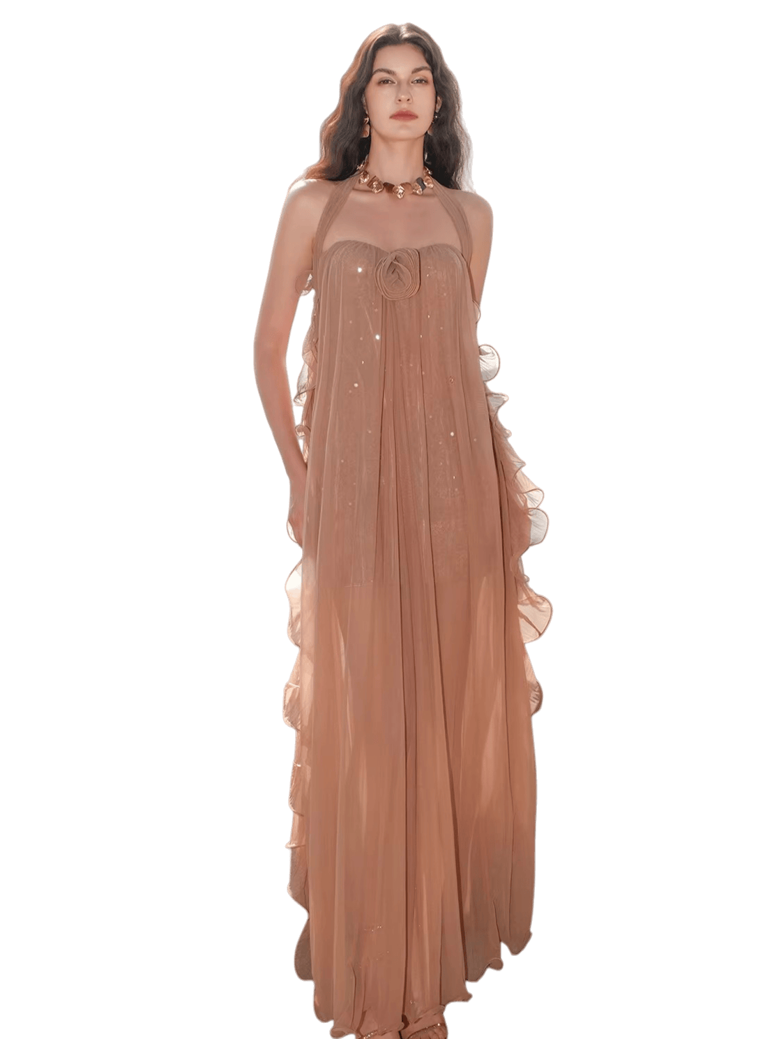 Mesh Halter Backless Strapless Maxi Dress