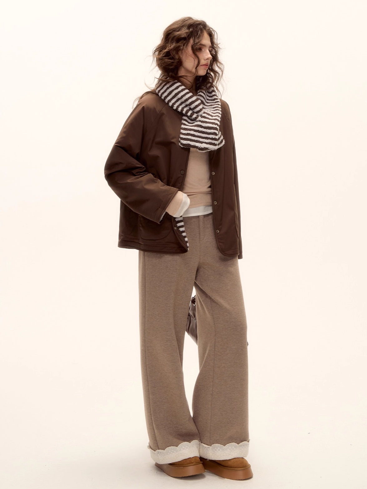 Embroidered Hem Wool Blend Wide-Leg Trousers