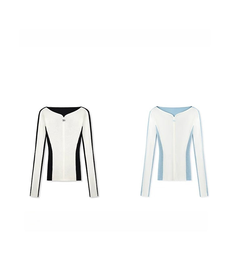 Cascade Contrast-Trim Fitted Knit Crewneck
