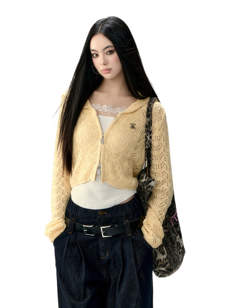 Double Collar Hollow Short Knitted Cardigan