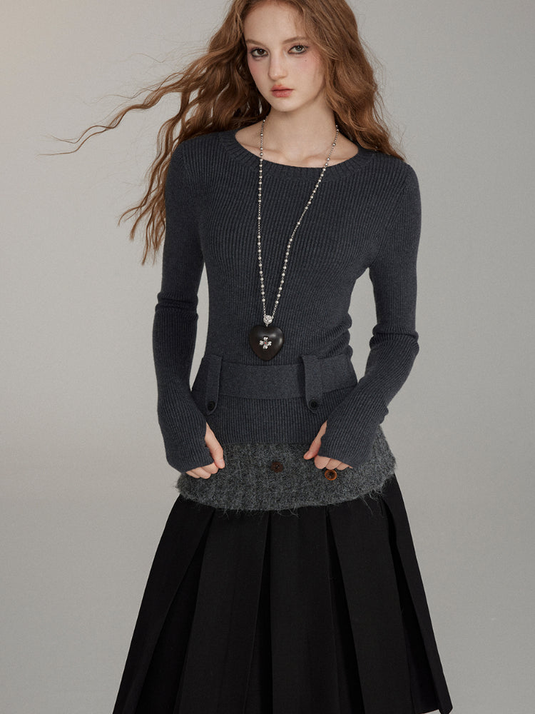 Waist-Cinched Wool Blend Crewneck