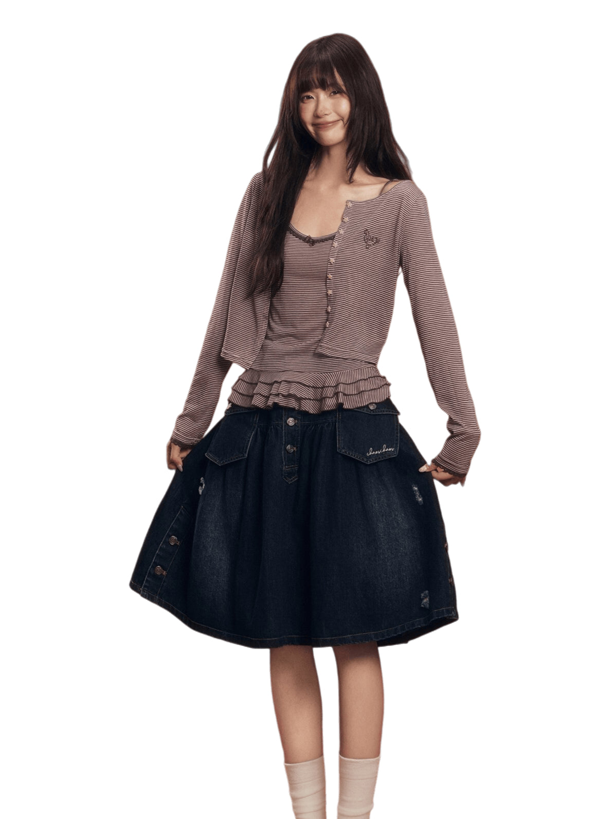 Vintage Washed Denim Utility Midi Skirt