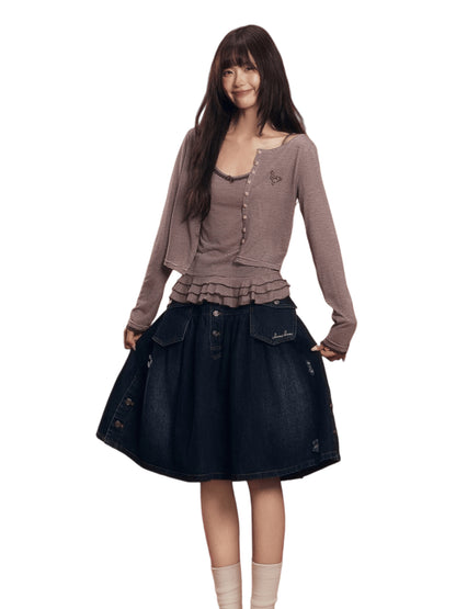 Vintage Washed Denim Utility Midi Skirt