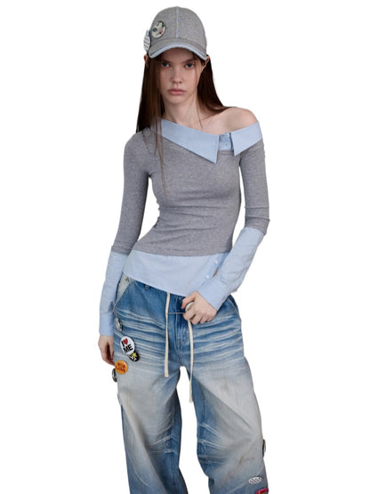 Asymmetric Collar Fake Two-Piece Fitted Blouse - CHINASQUAD
