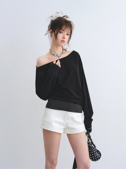 Asymmetric Batwing Sleeve Striped Tie-Hem Long Sleeve Top