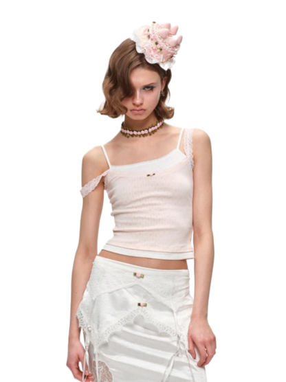 Asymmetrical Lace Trim Layered Knit Camisole 1Jinn Studio