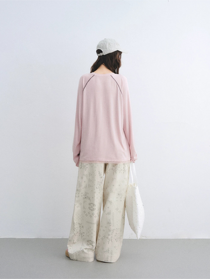 Lyocell Wool-Blend Raglan Sleeve Lace Hem Printed T-Shirt