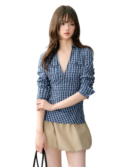Wrapped V-Neck Plaid Shirt