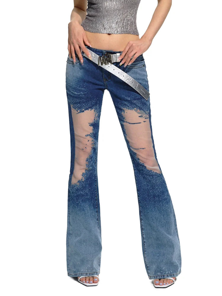 Blue Mesh Patchwork Low-Rise Flared Pants