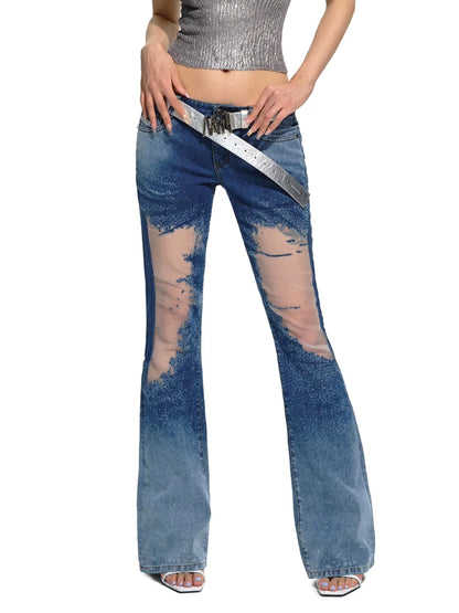 Blue Mesh Patchwork Low-Rise Flared Pants