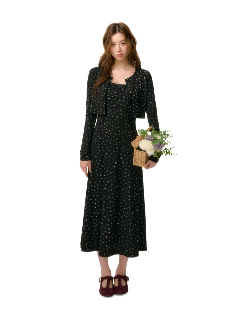Dropped Shoulder Floral Knit Dress &amp; Cardigan Set