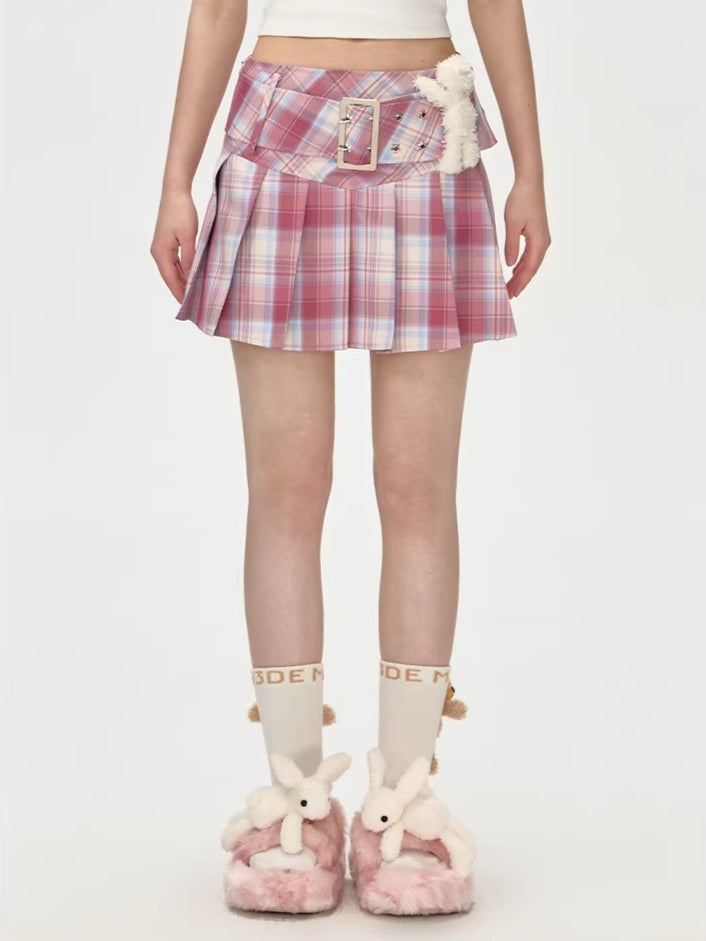 Vintage Plaid Belted Pleated Mini Skirt