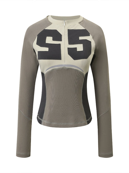 Color-block Sports Style Fitted Long Sleeve T-shirt